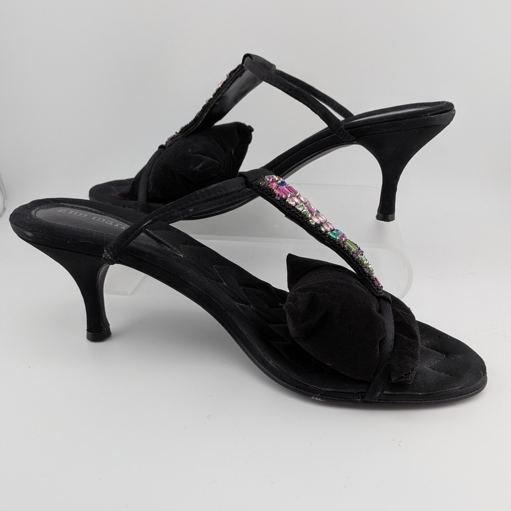 Ann Marino Black Satin Mules with Pink, Green & Blue Gem Accents - Picture 2 of 5